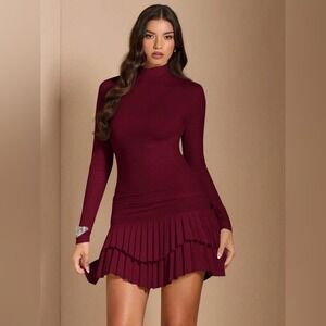 (B4)‎ Shein Burgundy Red Stretch Mock Neck Pleated Hem Bodycon Dress L 8 10